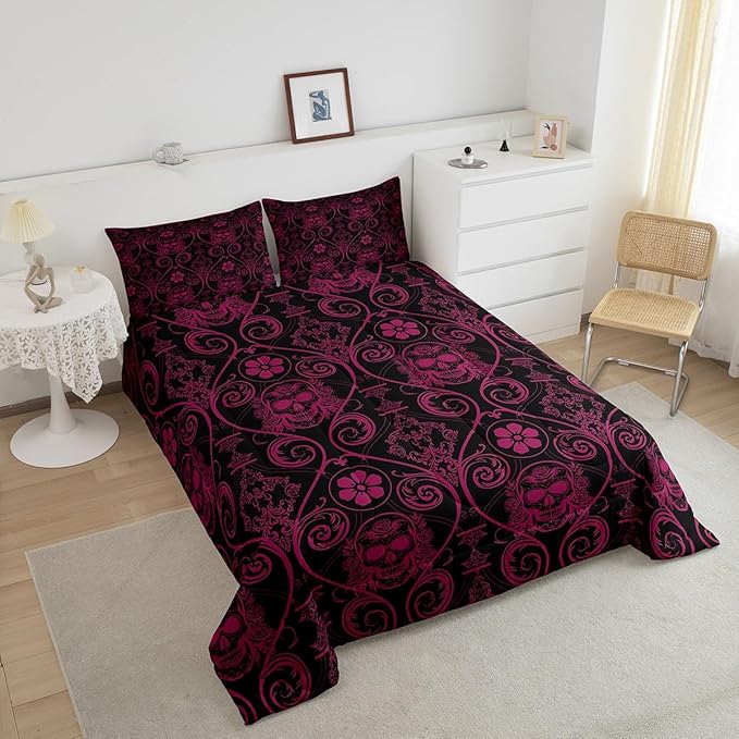 Feelyou Adults Pink Vintage Damask Floral Comforter Set Oriental Antique Comforter Twin Size Exotic Sugar Skull Rose Bedding Set Gothic Bohemia Boho Duvet Set Quilt Set 2Pcs