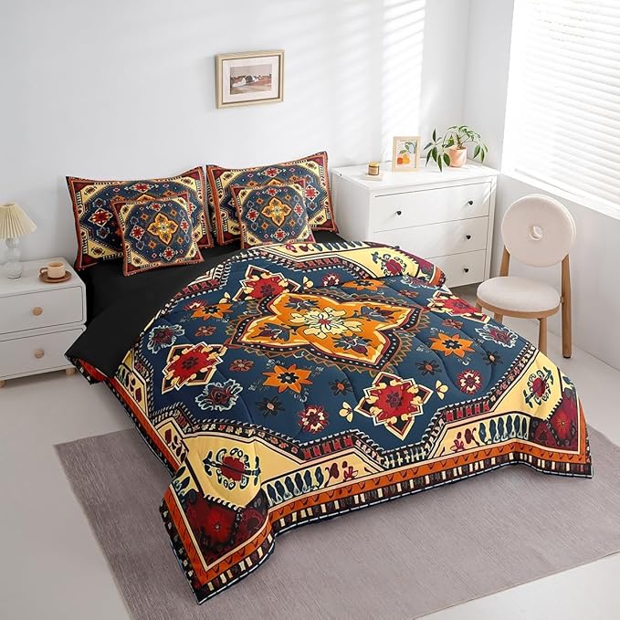 Erosebridal Vintage Bed in a Bag Art Deco Bedding Set, Black Oriental Medallion Queen Comforter Set 7-Piece Himalayas Bohemian Bedding Comforter Sets, Boho Turkish Bed Sheets Set Lightweight Soft