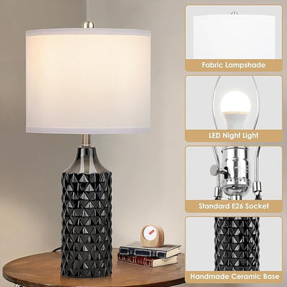 Ceramic Table Lamps Set of 2, Modern Bedside Lamp 25" Nightstand Lamp 3-Way Dimmable Lamp for Bedroom Living Room End Table Lamp Farmhouse Lamp Side Table Lamp, Bulbs Included (25 inch, Black)