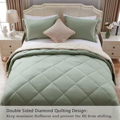 NexHome Queen Comforter Set Sage&Beige,3 Pieces Lightweight Comforters Queen Size Reversible Bedding Comforters Sets,Down Alternative Comforter Bed Set Quilt Blanket(88x88In Comforter & 2 Pillowsham)