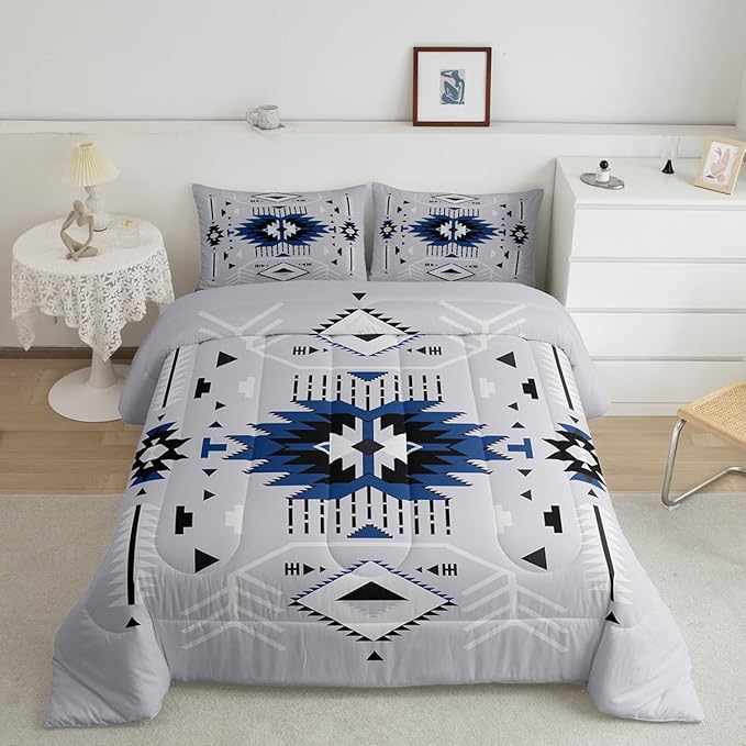 Southwest Comforter Set Grey Bedding Set Twin Size Adults Rustic Geometric Arrow Abstract Quilt Set 2pcs for Kids Girls Boys Men Room Decor Indian Tribal Themed Duvet Insert,1 Pillowcase