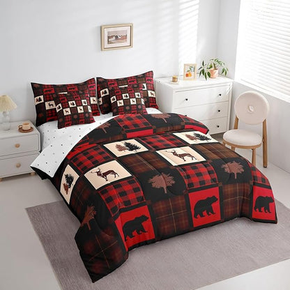 Erosebridal 7 Pcs Cabin Deer Comforter Set Full Size,Hunting Deer Bed in a Bag with Flat Fitted Sheet for Kids and Adults,Camping Woodland Plaid Bedding Set with Pillowcases and Cushion Cases