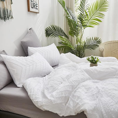 Houseri White Comforter Queen Size Boho Set Full Tufted Jacquard Bedding Sets Plain Shabby Chic Farmhouse Girls All Bed