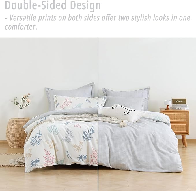White Cotton Comforter Queen Size 3Pcs - Blue, Beige and Blush Botanicals Pattern on White, Gray Grid Back, Reversible Lightweight Bedding Sets with Soft Fill(Queen, 90"×90")