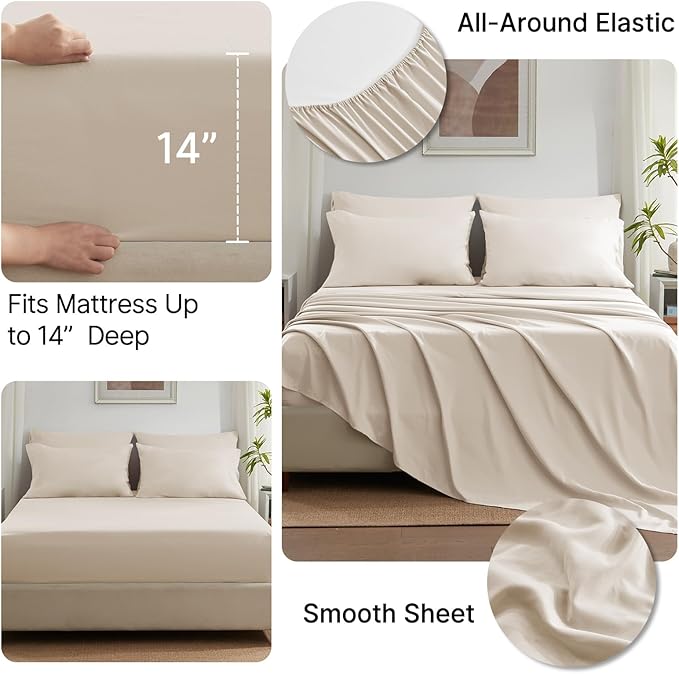 SunStyle Home Beige Full/Queen Comforter Set - 7 Pieces Bed in a Bag, Lightweight Goose Down Alternative Bedding Sets with All Season Comforter, 1 Flat Sheet, 1 Fitted Sheet, 4 Pillowcases