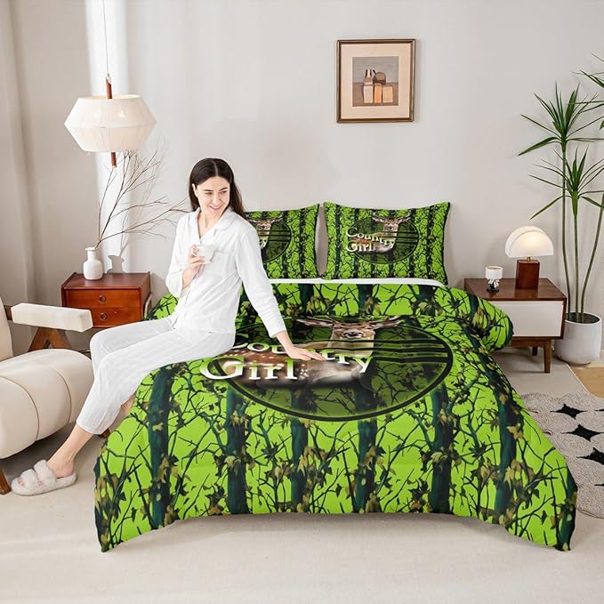 Erosebridal Deer Hunting Camo Twin Bedding Set,Green Camouflage Comforter Set for Boys Girls Kids,Rustic Lodge Cabin Comforter,Country Hunter Bedroom Decor with 1 Pillowcase,Breathable