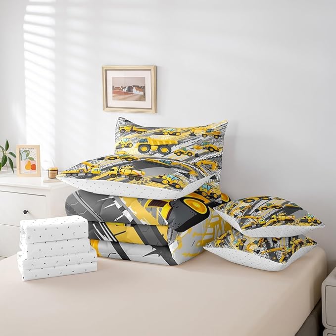 Feelyou Boys Construction Comforter Set King Size 7 Pcs Kids Construction Site Cars Comforter Bed in a Bag Trucks Excavators Bedding Set Child Tractors Bed Set with Sheets, Pillowcases, Pillow Covers