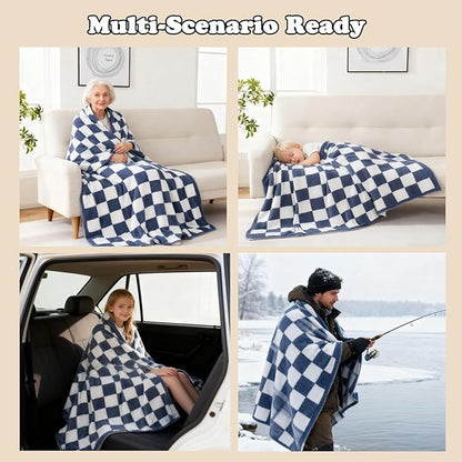 MorroMorn Checkered Blanket for Couch Bed Sofa Chair, 2-Layers Soft Cozy Fleece Plaid Blankets Checkerboard Grid - Fluffy Fuzzy Warm Lightweight Home Decor (Navy Blue, Twin 60"x80")