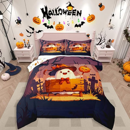 Erosebridal Teens Halloween King Bedding Set, Cute Ghost Bow Comforter Set Spooky Halloween Decor Comforter for Kids Boys Girls Youth Adults Bedroom, Cartoon Graveyard Gothic Pumpkin Lantern Quilt