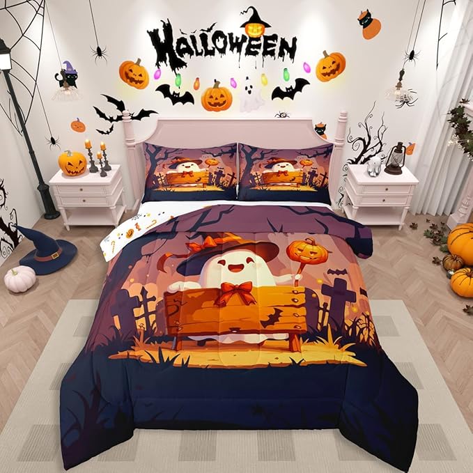 Erosebridal Teens Halloween Twin Comforter Set, Cute Ghost Bow Bedding Set Spooky Halloween Decor Comforter for Kids Boys Girls Youth Adults Bedroom, Cartoon Graveyard Gothic Pumpkin Lantern Quilt