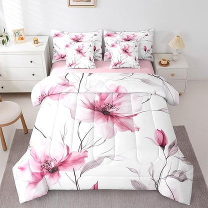 Erosebridal Boho Floral Full Comforter Set with Sheets, Pink Flower 7 Pcs Bedding Set for Young Women Girls Adults, Elegant Watercolor Flower Bed Sets, Ink Painting Style Blossom & Leaf Bed in A Bag