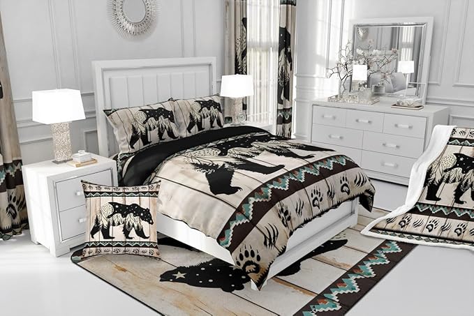 Feelyou Bear Bedding Set Wild Animal Hunt Comforter Set for Kids Boys Girls Boho Southwestern Comforter Rustic Wood Print Quilt Set Room 3Pcs Queen Size