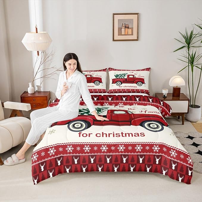 Kids Merry Christmas Bedding Set King Size, Red Truck Pine Comforter Set,Deer Snowflake Pine Plaid Quilted Duvet Cartoon Car Bedspread,2 Pillowcases (CLS56ZMDI-BZ_USk)