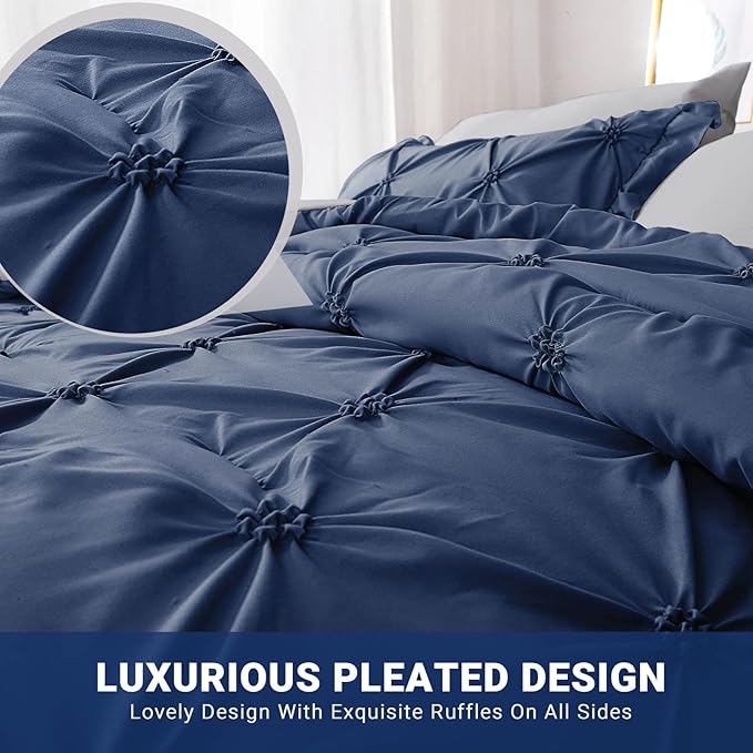 JOLLYVOGUE Navy Blue/Gray Cal King Size Comforter Sets 7 Pieces, Pintuck Bed in a Bag Comforter Set for Bedroom, Bedding Comforter Sets with Comforter, Sheets,Ruffled Shams & Pillowcases