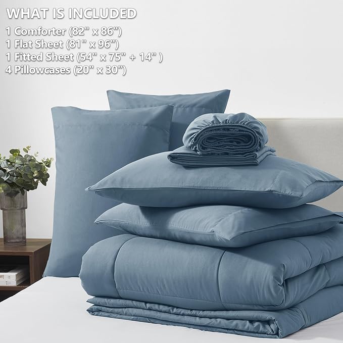 CozyLux Full Size Comforter Sets Mineral Blue, 7 Pieces Bed in a Bag, Blue Comforter Full Size, All Season Bedding Sets with Stitch Quilted Comforter, Flat Sheet, Fitted Sheet, Pillowcases