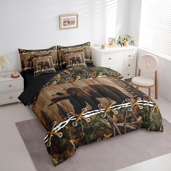 Erosebridal Rustic 7-Piece Comforter Set Full Bed in a Bag | Grizzly Bear Bedding Sets Mens Hunting Comforter and Sheet Set, Woodland Animals Farmhouse Room Decor,Cabin Bedding Camo Country Decor