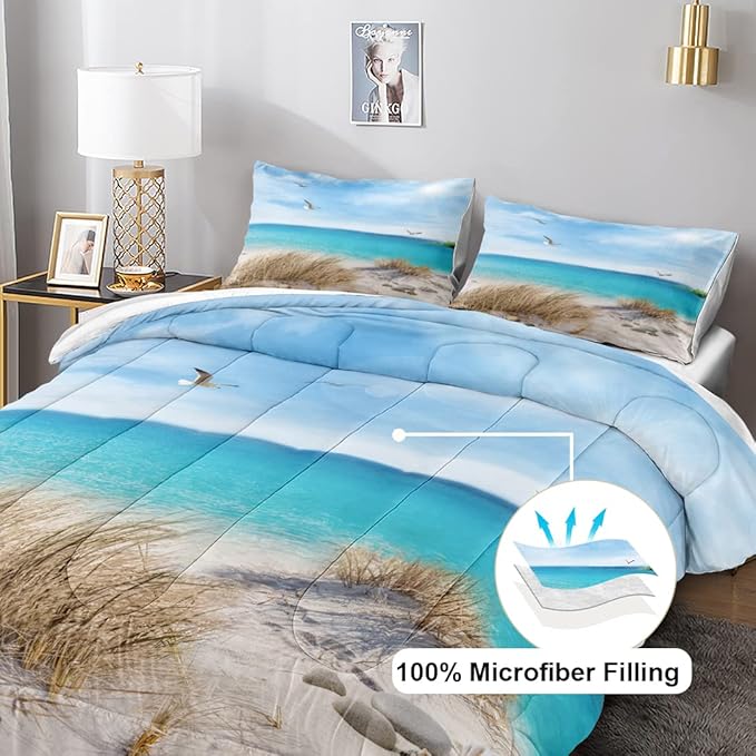 MOVE OVER Ocean Comforter Set California King Size 4 Pieces Coastal Bedding Set Blue Hawaii Island Scenery Design Ocean Beach Themed Comforter Set for Summer