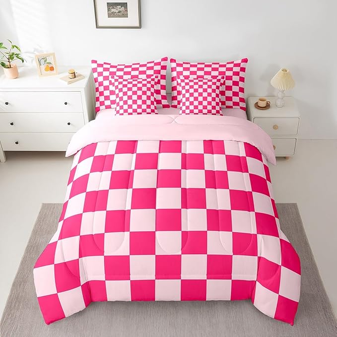 Feelyou Checkered 7 Piece Bedding Set Teen Women Boho Modern Cute Aesthetic Decorative Girly Comforter Set with Sheets King Size Kids Boys Geometric Chic Bed in a Bag Pink White Plaid Room Decor