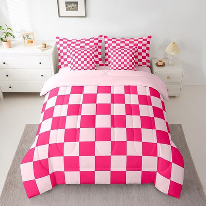 Feelyou Checkered 7 Piece Bedding Set Teen Women Boho Modern Cute Aesthetic Decorative Girly Comforter Set with Sheets King Size Kids Boys Geometric Chic Bed in a Bag Pink White Plaid Room Decor