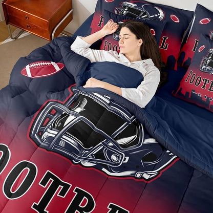 Erosebridal American Soccer City Bed in A Bag King Size for Kids Boys Teen Adults,Sports Rugby Comforter Set with Sheets Red Blue Ombre 7 Piece Bedding Set Ball Competitive Games Bed Set
