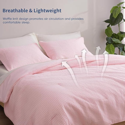 David's Home Waffle Weave Comforter Set 3PCS King Size, Soft Breathable Lightweight Cozy Skin-Friendly Warm for All Season, Elegant Aesthetic Home Decor Bedding Set with Pillow Shams, Pink
