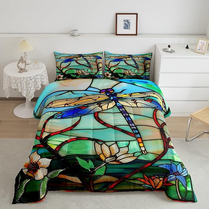 Erosebridal Boho Dragonfly Twin Comforter Set Exotic Dragonfly Flowers Bedding Set for Kids Adults Women,Rustic Lotus Floral Down Comforter Glass Style Art Animal Quilt Duvet Green Teal Blue
