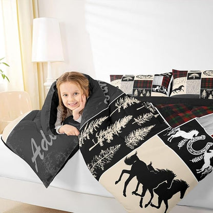 Erosebridal Southwest Horse Bedding Set for Kids, Western Horseshoe Comforter Set Cowboys Cowgirls Riding Boots Quilt for Boys Teens Adult, Forest Rustic Farmhouse Adventure Duvet Insert, Full Size