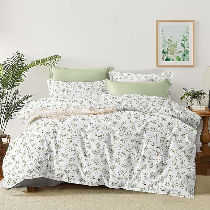 Nayoroom Floral Comforter Set Queen Size Green Botanical Leaf Spring Bedding Set 3 Pieces Soft Lightweight Aesthetic Garden Comforter for All Seasons