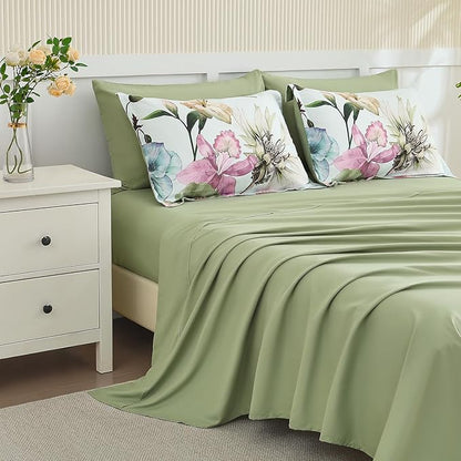 Yogeneg King Size Comforter Set 7 Piece Bed in a Bag,Elegant Floral Botanical Pattern Green Bedding Set,Soft Microfiber Comforter with Sheet Set,All Season Bed Set(Green Floral,King)
