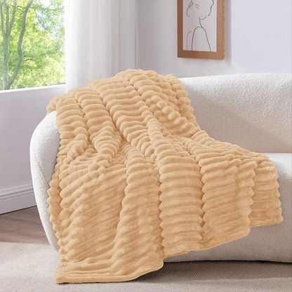 BEDELITE Fleece Throw Blanket for Couch - 300GSM Soft & Warm Fluffy Blush Sand Blanket, Decorative and Giftable Striped Blankets for Women, Men, 50"x60"