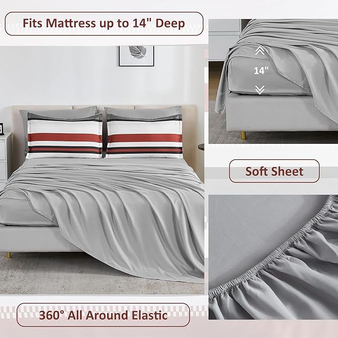 WONGS BEDDING Comforter King Size,Red Comforter Set King, 7 Pieces Bed in a Bag Soft Micorfiber Striped Bedding Set with Comforter, Flat Sheet, Fitted Sheet, Pillow Shams, Pillowcase