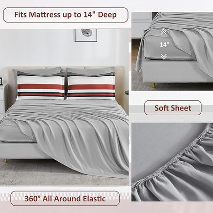 WONGS BEDDING Queen Comforter Set, 7 Pieces Comforter Set Queen, Red Bed in a Bag, Soft Micorfiber Striped Bedding Set with Comforter, Flat Sheet, Fitted Sheet, Pillow Shams, Pillowcase