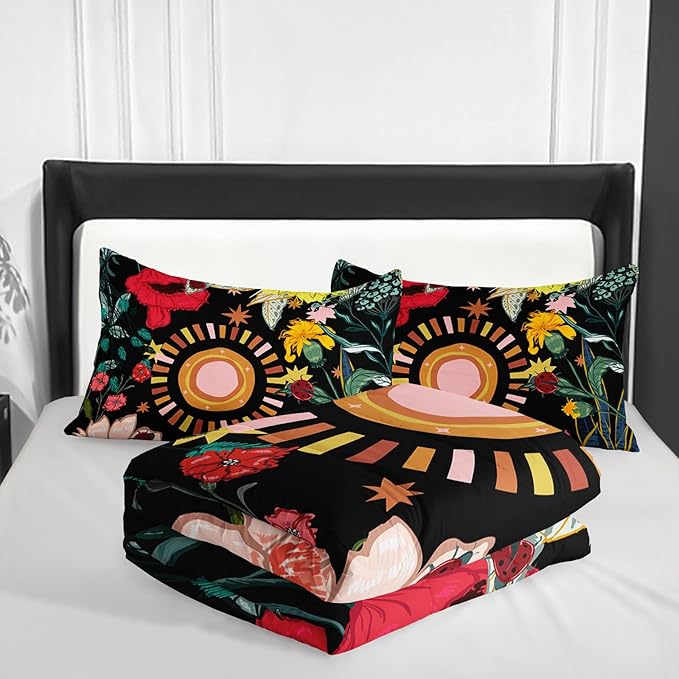 3 Pieces Black Boho Floral Comforter Set,Paisley Bedding Set King Size,Bohe Colorful Flower Leaves Printed on Black Design,All Season Lightweight Soft Microfiber (1 Comforter with 2 Pillowcases)
