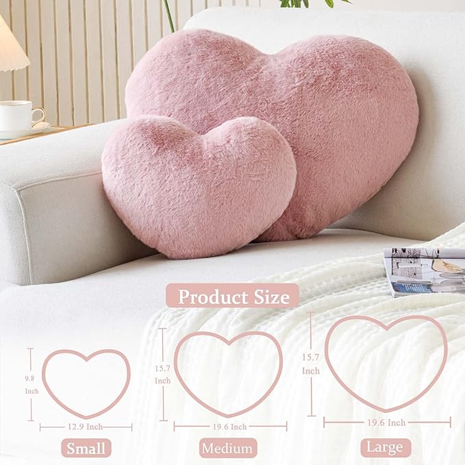Dusty Pink Heart Pillows, Cute Heart Decorative Pillow, Heart Shaped Throw Pillows for Bed, Faux Rabbit Fur Plush Hoom Decor Pillow Cushion for Chair Sofa Living Room (Mini 12.9" x 9.8")