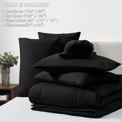 CozyLux California King Comforter Sets Black, 7 Pieces Cal King Bed in a Bag, All Season Bedding Sets with Stitch Quilted Comforter, Flat Sheet, Fitted Sheet, Pillowcases