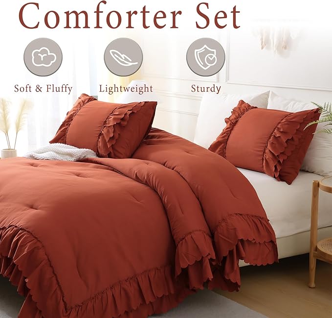 Herside Brick Red Ruffle Comforter Set King Size,Shabby Chic Boho Bedding Sets, Soft Fluffy Comforters Sets for All Season,Vintage Ruffled 3 Pcs Microfiber Lightweight Quilt Set for Women Girls