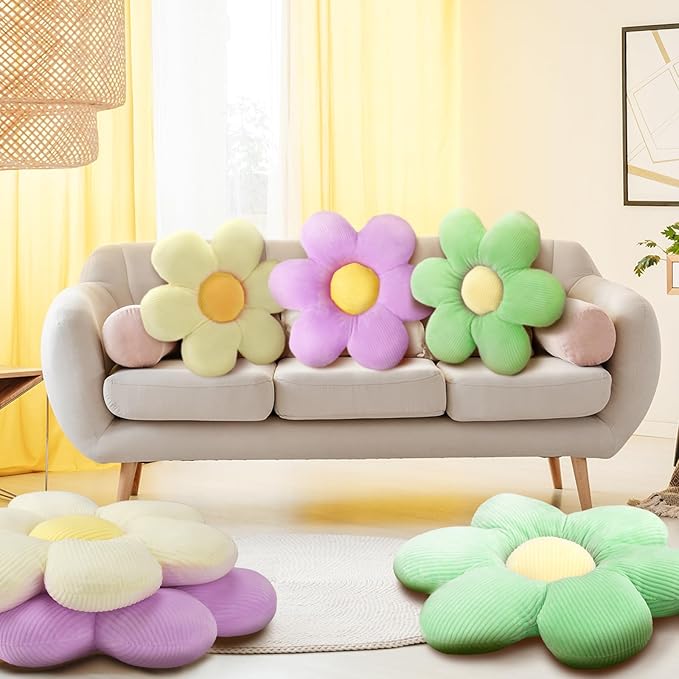 Sratte 3 Pcs Flower Pillows Flower Shaped Throw Pillows Cute Daisy Plush Pillow Decorative Floor Pillow Seat Cushion for Bedroom Home Sofa Chair Couch Decor(Green, Lavender, White,20")