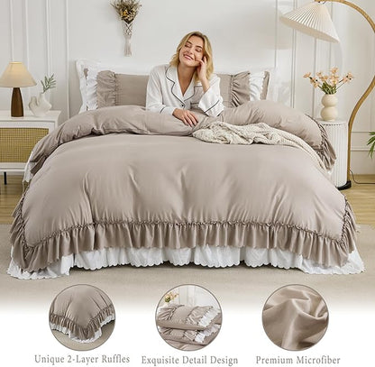 Herside Taupe Ruffle Comforter Set Queen Size,Shabby Chic Boho Bedding Sets, Soft Fluffy Comforters Sets for All Season,Vintage Ruffled 3 Pcs Microfiber Lightweight Quilt Set for Women Girls
