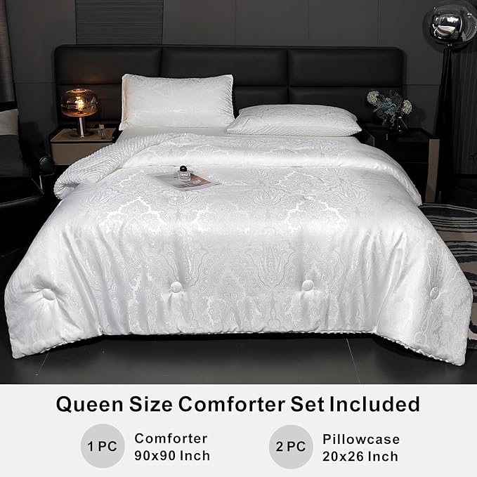 Jacquard Comforter Set - Luxury Warm Paisley Floral Pattern Queen Size Bedding with 2 Pillowcases All-Season Soft & Lightweight 3D Bubble Design Bed Set (90x90 Inches White)