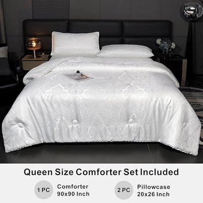 Jacquard Comforter Set - Luxury Warm Paisley Floral Pattern Queen Size Bedding with 2 Pillowcases All-Season Soft & Lightweight 3D Bubble Design Bed Set (90x90 Inches White)