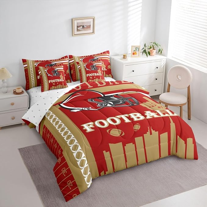 Feelyou Football 7 Pieces Comforter Sets Bedding Set for Boys Kids Teen Full Size Sports Theme Football City Bed in a Bag with Comforter, Sheets, Pillowcases & Cushion Cover
