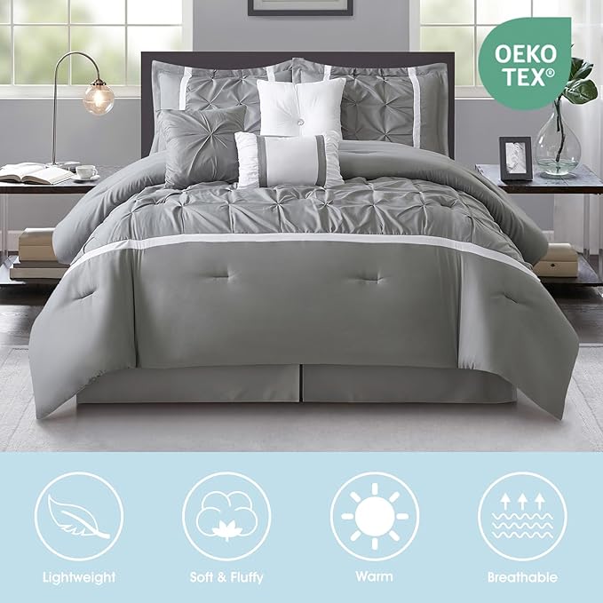Grey Comforter Set, California King, 7 Piece Bed in a Bag, Microfiber Handcrafted Pintucking, All Season Bedding Set with Comforter, Bedskirt, Pillow Shams and Decro Pillows