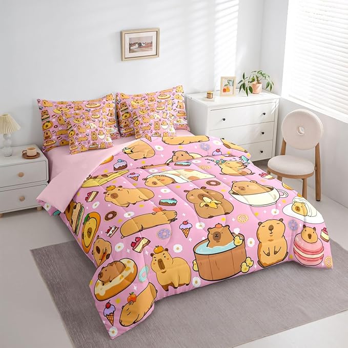Cute Capybaras 7 Pieces Bedding Set Twin Size,Pink Cartoon Capybara Bed in a Bag,Kawaii Rodent Animals Bed Set Includes Comforter,Sheet Set,Pillowcases & Pillow Covers,Ice Creams Cakes Bedroom Decor