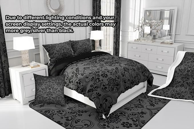 Feelyou Adults Black Vintage Damask Floral Comforter Set Oriental Antique Comforter Full Size Gothic Bohemia Boho Flower Bedding Set Bohemian Exotic Duvet Set Quilt Set 3Pcs