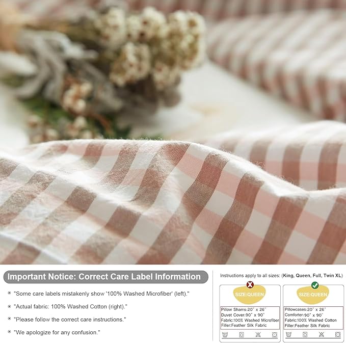 mixinni Pink Gingham Comforter Set Full, Plaid Comforter Set 3 Pieces 1 Pink Grid Comfoter with 2 Pillow Cases for All Seasons, Soft Fluffy Modern Grid Pattern Printed Bedding-Full Size