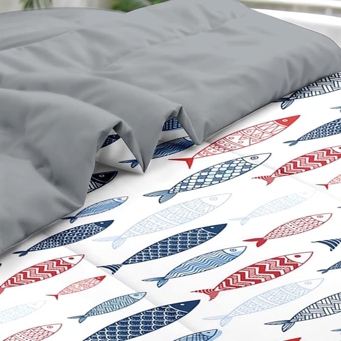 Comforter Set Full Size, Fish Blue Summer 7 Pcs Bedding for Kids and Adults, Sea Cute Ocean Bed Sheet Sets with Fitted Sheet 2 Pillowcases & 2 Shams for Bedroom Bed Decor