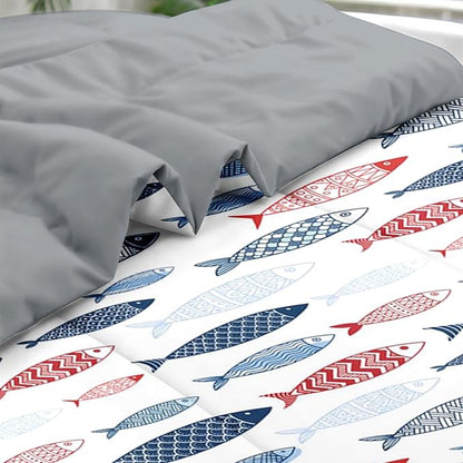 Comforter Set King Size, Fish Blue Summer 7 Pcs Bedding for Kids and Adults, Sea Cute Ocean Bed Sheet Sets with Fitted Sheet 2 Pillowcases & 2 Shams for Bedroom Bed Decor