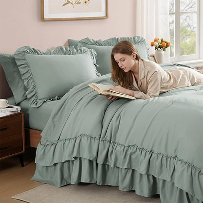 Queen Comforter Set Sage Green, Ruffle Shabby Chic Bedding Set Farmhouse 7 Pieces, All Season Fluffy Bed in a Bag with Sheets, Pillowcases & Shams