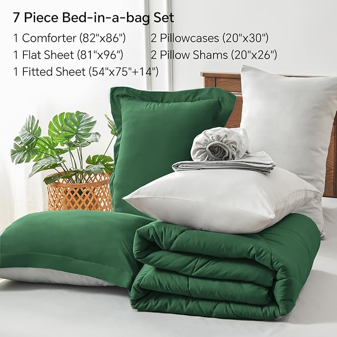 BEDELITE Full Comforter Set 7 Pieces Bed in A Bag - Soft Microfiber Reversible Dark Green Bed Set with Comforters, Sheets, Pillowcases & Shams, Cozy Luxury Bedding Sets for All Season
