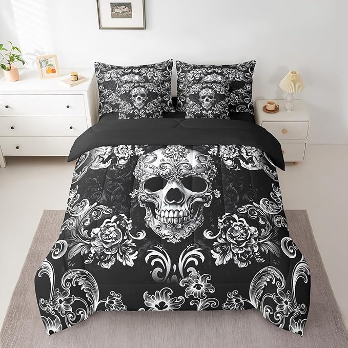 Castle Fairy Halloween Skeleton Comforter Set Full Size,Halloween Gothic Skull Bedding Set,White Lace Flowers Print Bed Set 7 Pieces(Comforter+Fitted+Flat Sheet+Pillowcase+Pillow Cover)